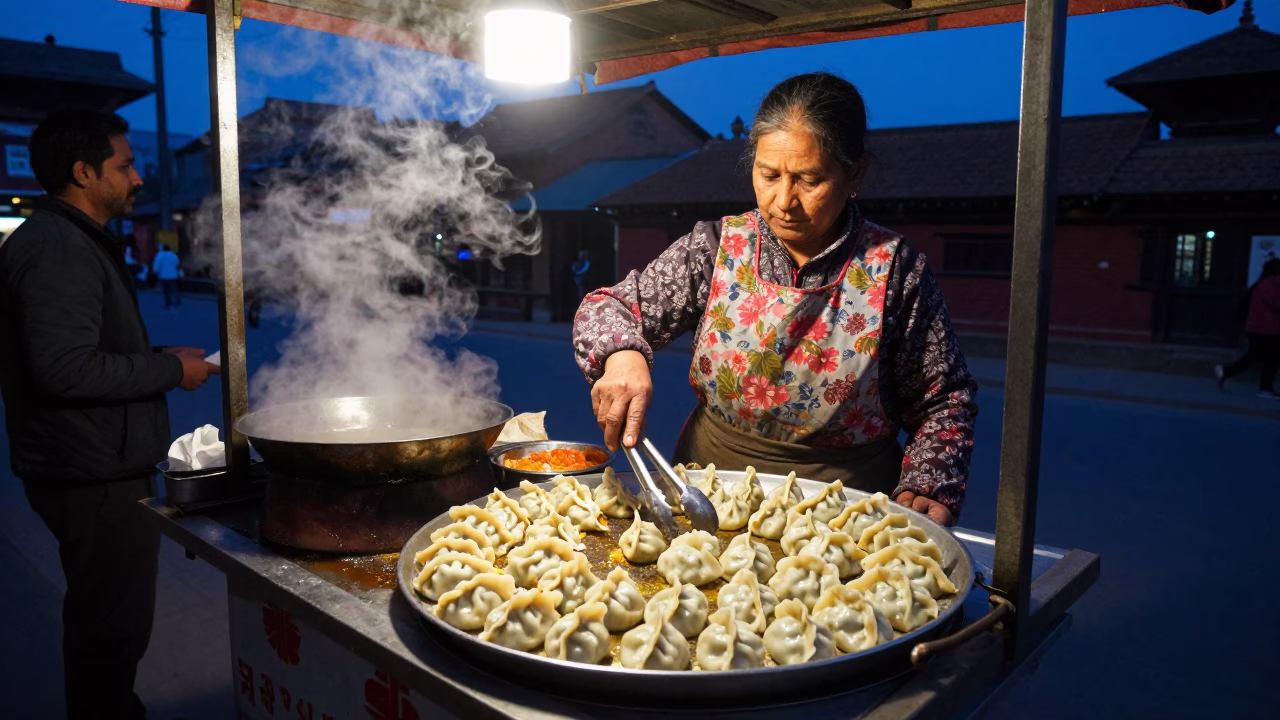 Kathmandu Nepal street food vendor cooking momos under indigo twilight sky in in Kathmandu, Nepal