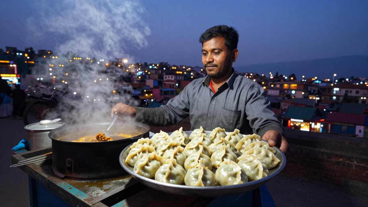 Kathmandu Nepal Street Food Vendor Momos Chutney City Lights Evening Scene in in Kathmandu, Nepal