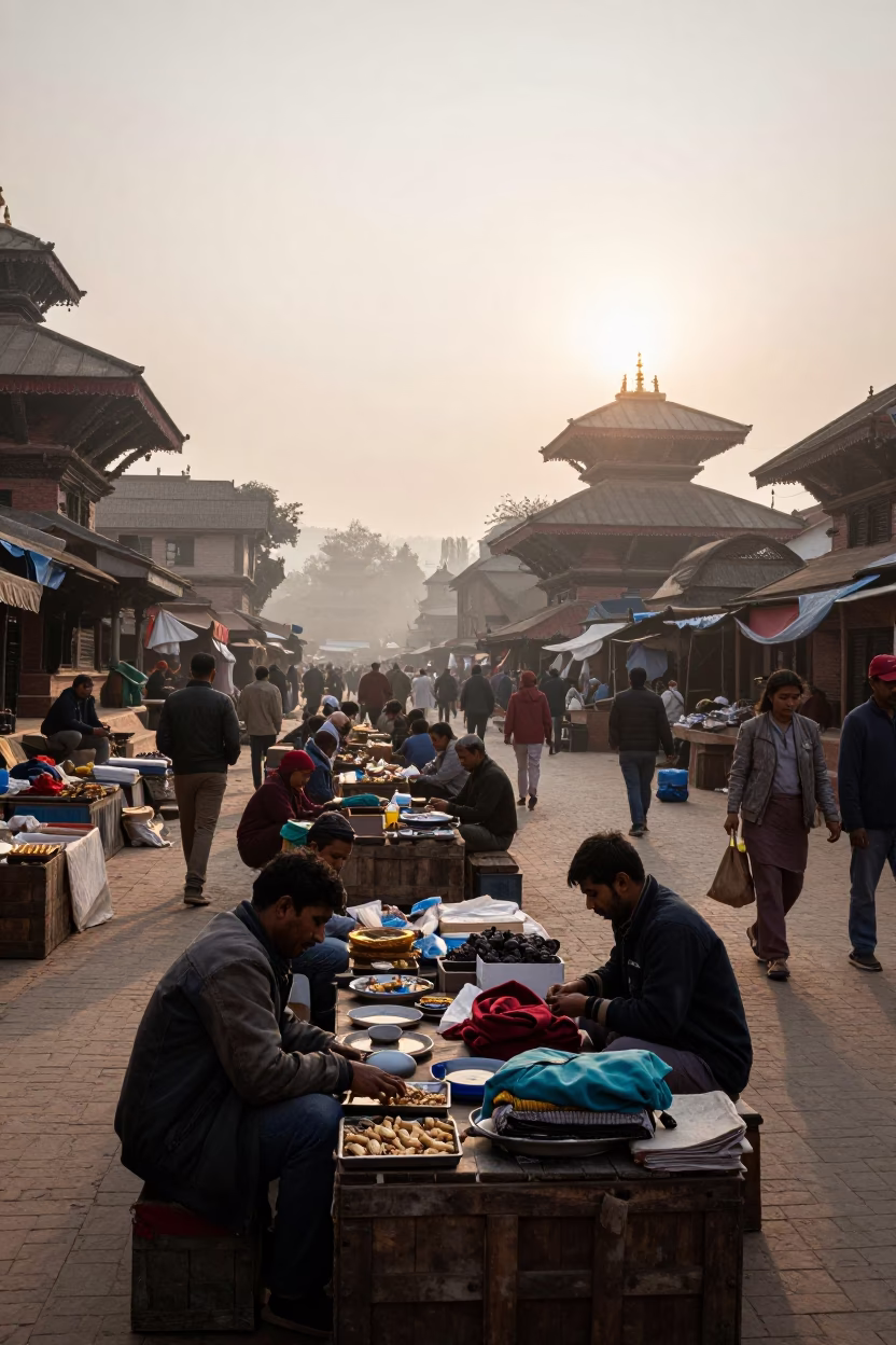 Kathmandu Nepal street market scene at first light dawn with vendors and colorful produce in in Kathmandu, Nepal