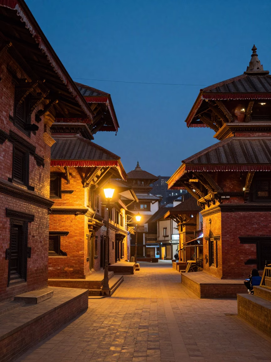 Kathmandu Nepal Street Scene at Dusk with Traditional Brick Architecture and City Lights in in Kathmandu, Nepal