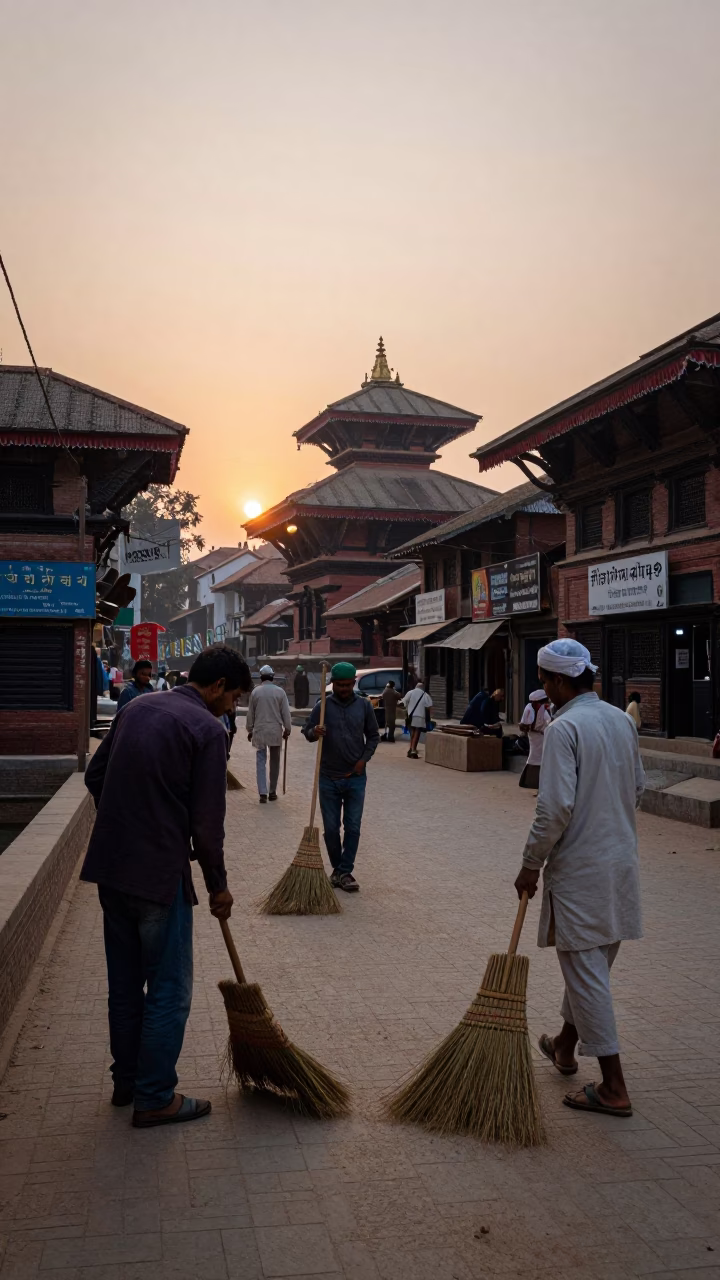 Kathmandu Nepal Street Scene at Nautical Dawn with Brooms and Local Activity in in Kathmandu, Nepal