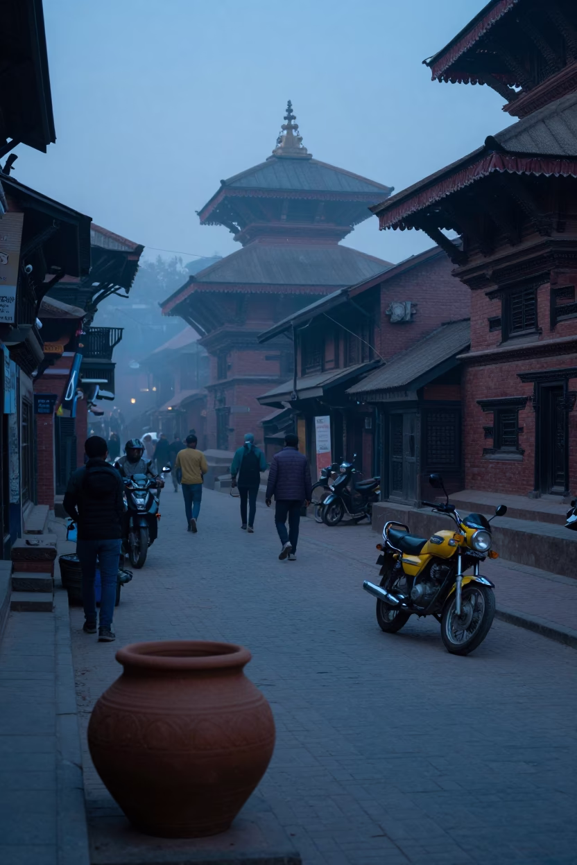 Kathmandu Nepal Street Scene at Nautical Dawn with Clay Pot and Motorcycle in in Kathmandu, Nepal