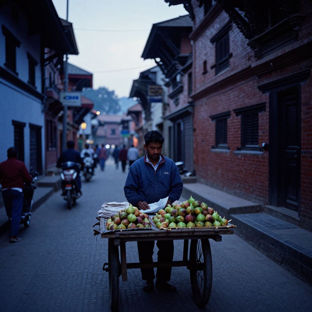 Kathmandu Nepal Street Scene at Nautical Dawn with Local Vendor and Figs in in Kathmandu, Nepal