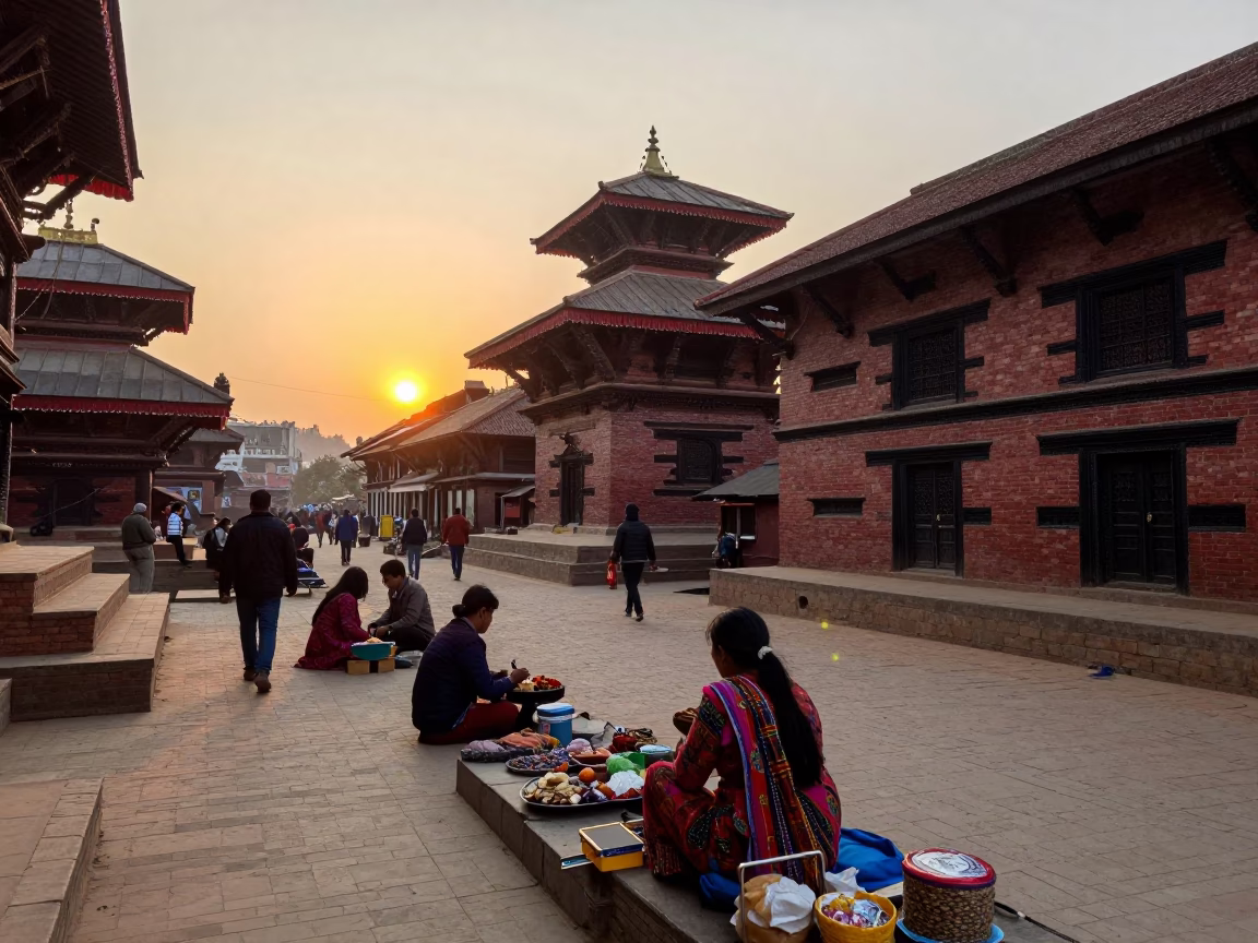 Kathmandu Nepal street scene at sunset with local vendor and traditional architecture in in Kathmandu, Nepal