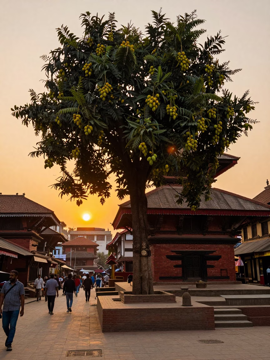 Kathmandu Nepal street scene at sunset with mango tree and local life in in Kathmandu, Nepal