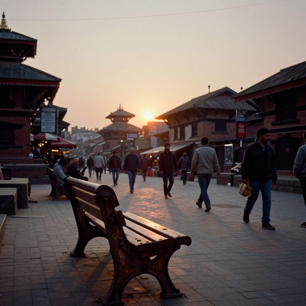 Kathmandu Nepal Street Scene at Sunset with Rusty Bench and Local Life in in Kathmandu, Nepal