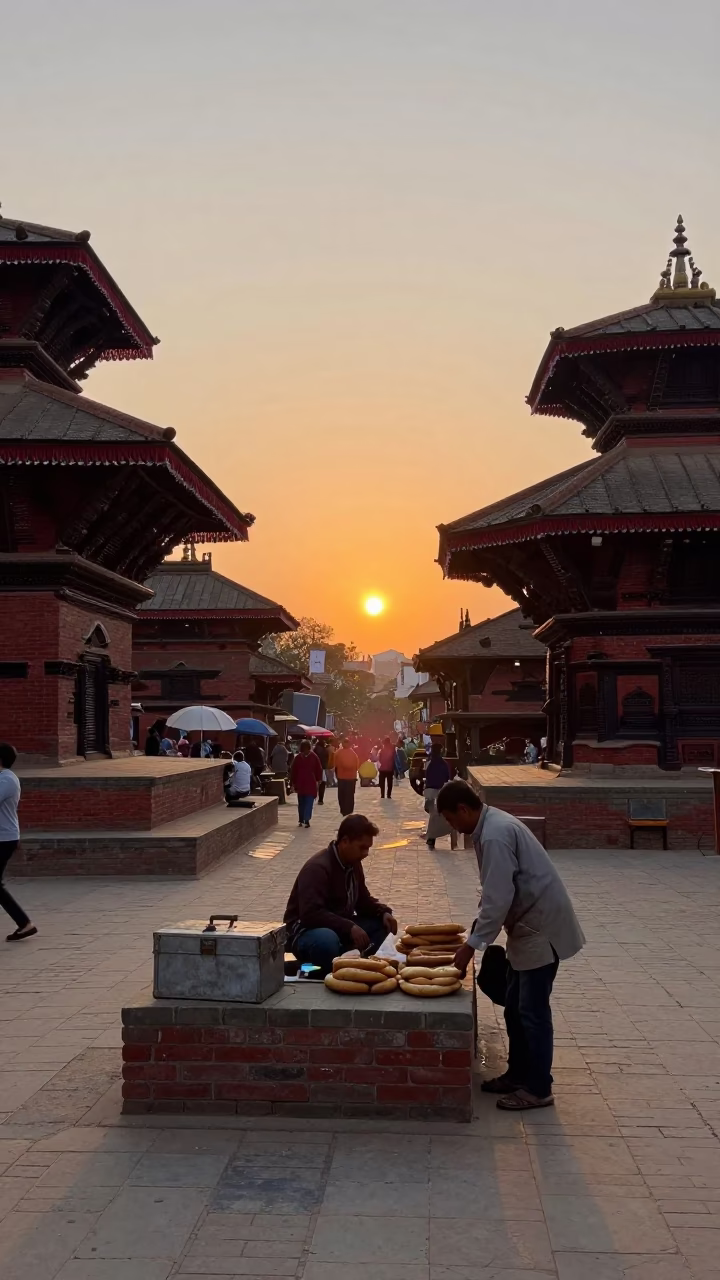 Kathmandu Nepal street scene at sunset with traditional bread and tools in in Kathmandu, Nepal