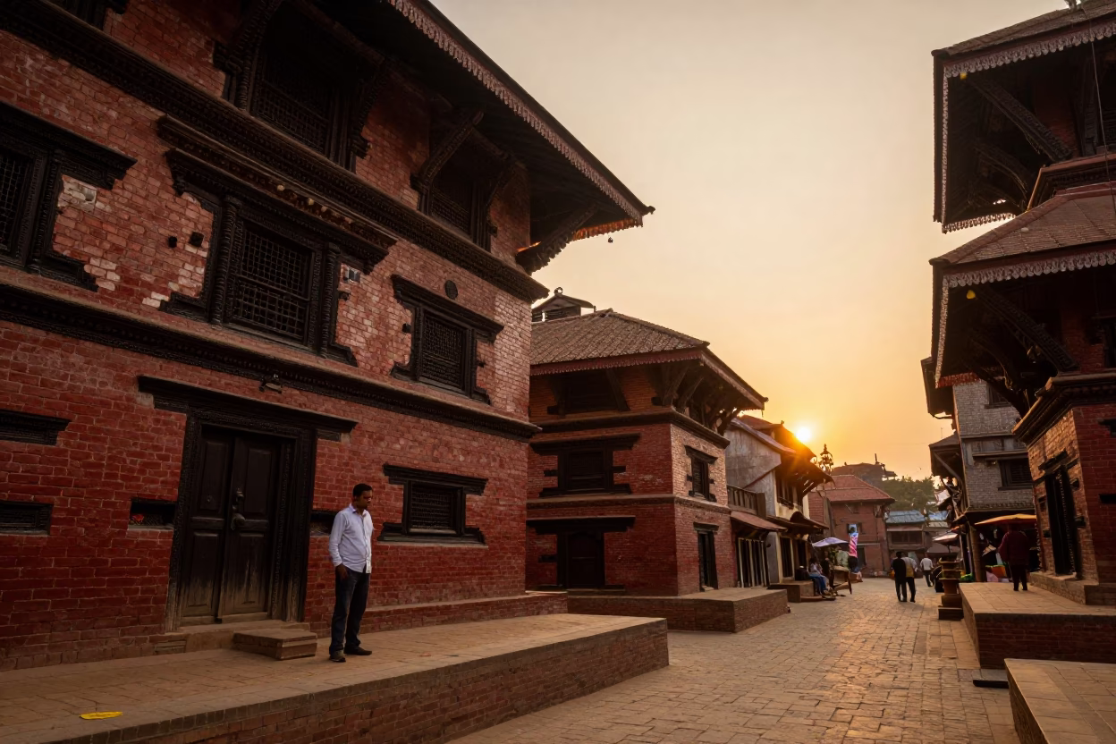 Kathmandu Nepal Street Scene at Sunset with Traditional Brick Architecture and Local Life in in Kathmandu, Nepal