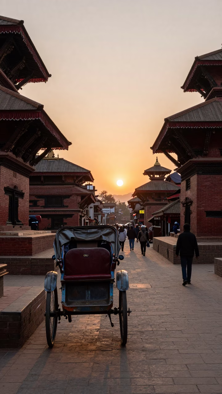 Kathmandu Nepal street scene at sunset with vintage rickshaw and traditional architecture in in Kathmandu, Nepal