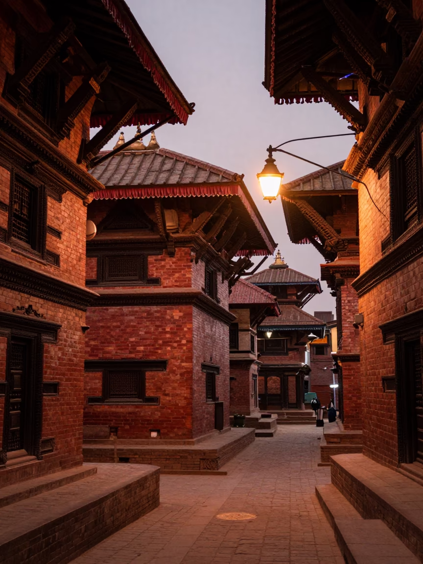 Kathmandu Nepal Street Scene Copper Light Dusk Traditional Architecture Local Life in in Kathmandu, Nepal