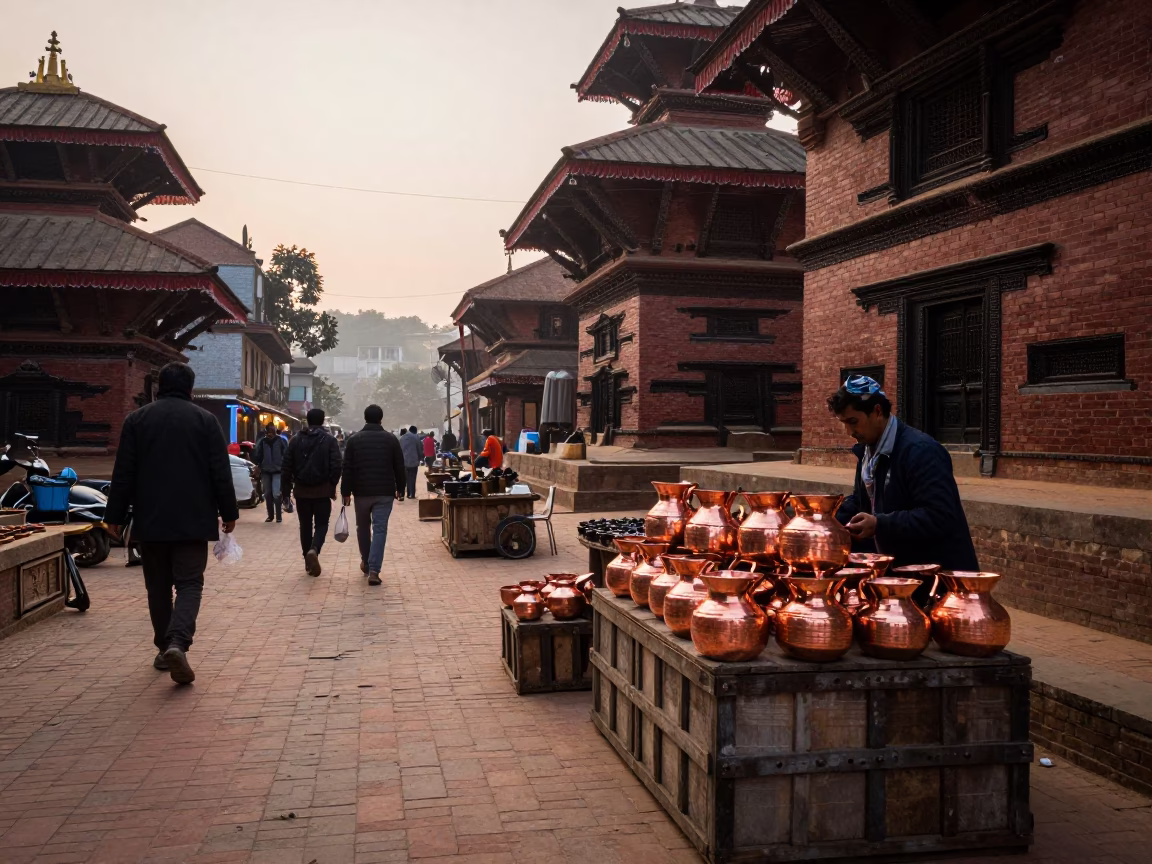 Kathmandu Nepal street scene dawn copper pots and ceramic bowl in in Kathmandu, Nepal