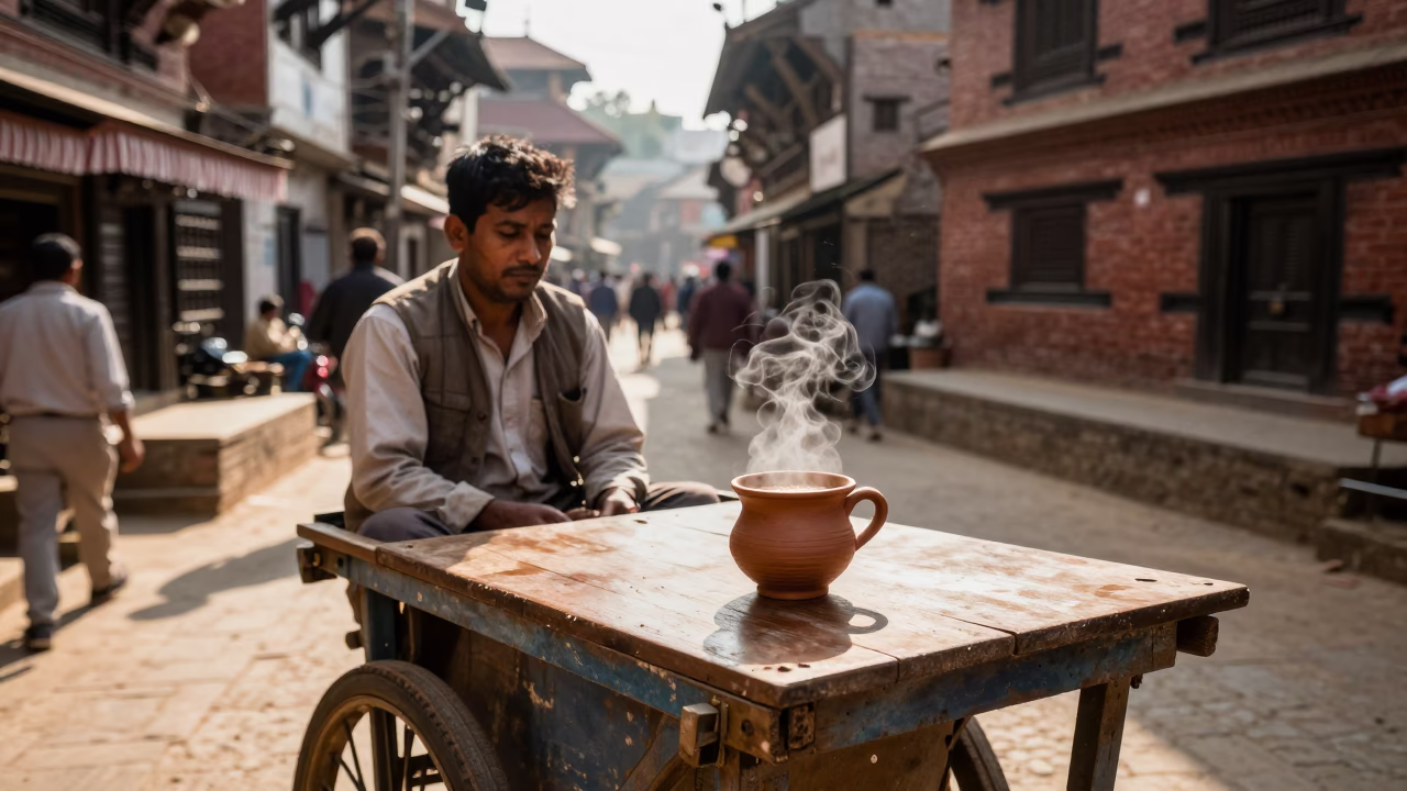 Kathmandu Nepal Street Scene Early Afternoon Traditional Clay Cup of Masala Chai Steaming in in Kathmandu, Nepal