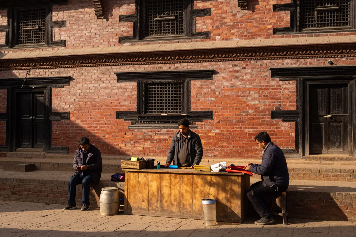 Kathmandu Nepal street scene early afternoon with local vendors and traditional architecture in in Kathmandu, Nepal