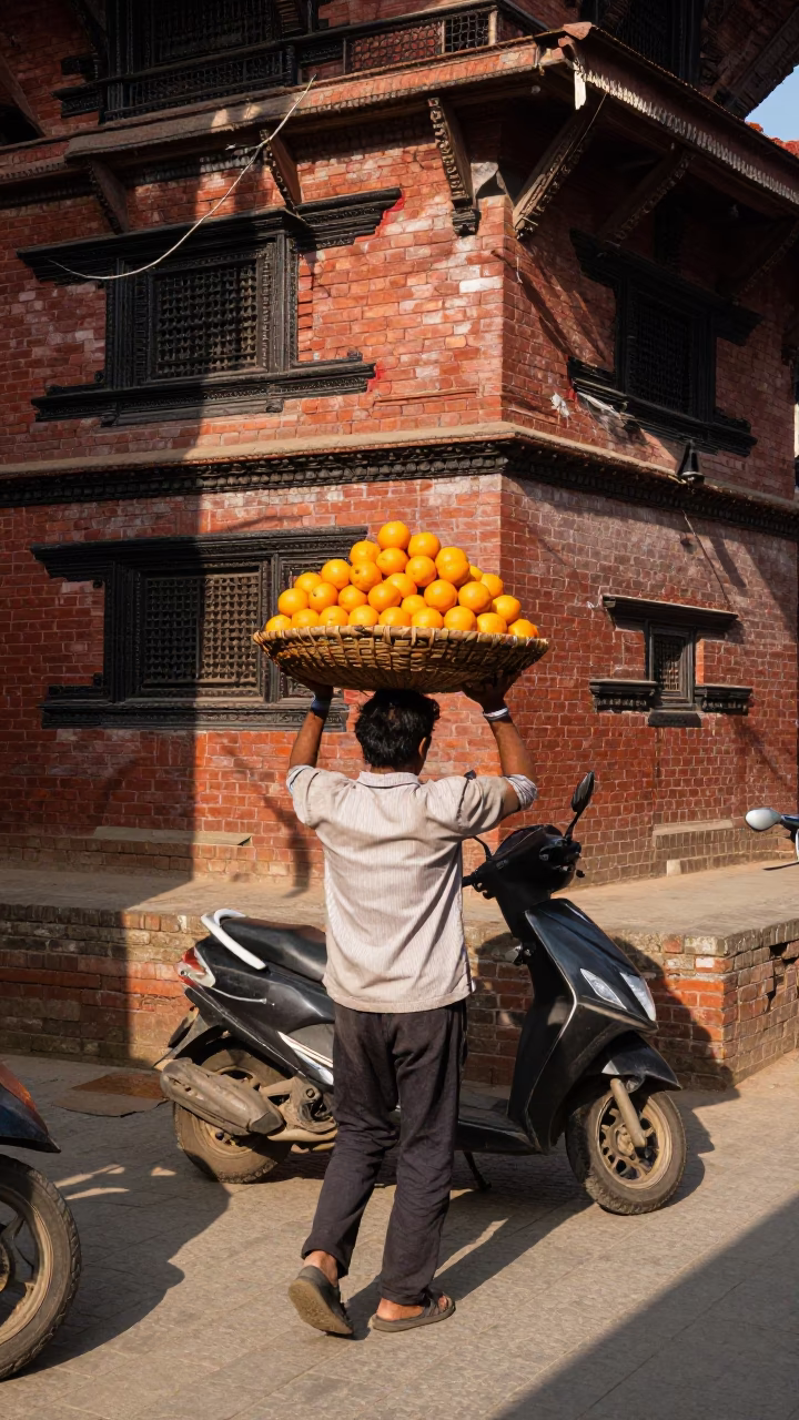 Kathmandu Nepal Street Scene Early Afternoon with Oranges and Scooter in in Kathmandu, Nepal