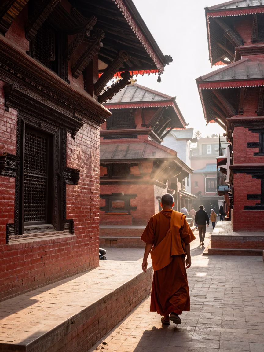 Kathmandu Nepal street scene first light with monk and traditional architecture in in Kathmandu, Nepal
