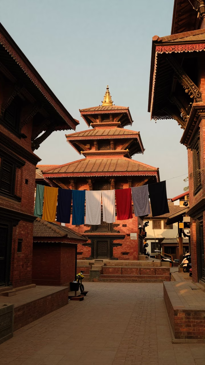 Kathmandu Nepal Street Scene Honeyed Evening Light with Drying Towels and Local Life in in Kathmandu, Nepal