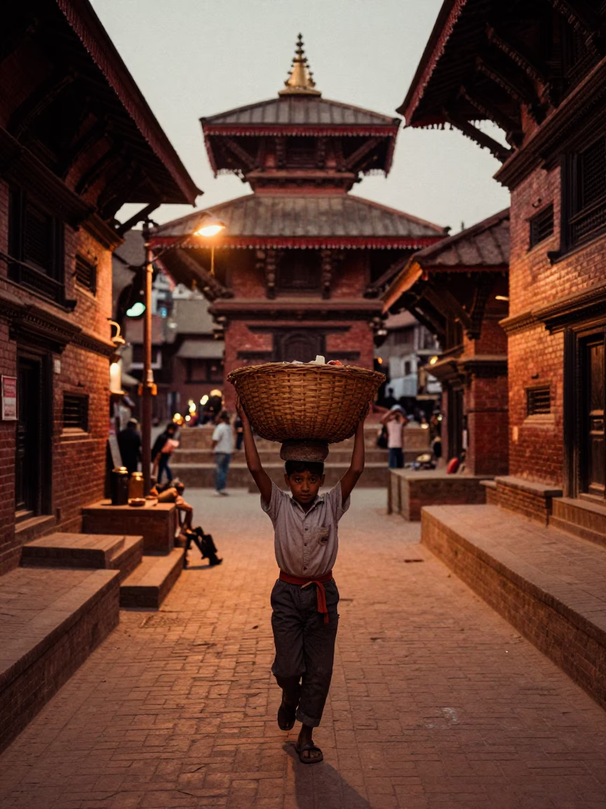 Kathmandu Nepal Street Scene in Copper Dusk Light with Local Market Activity in in Kathmandu, Nepal