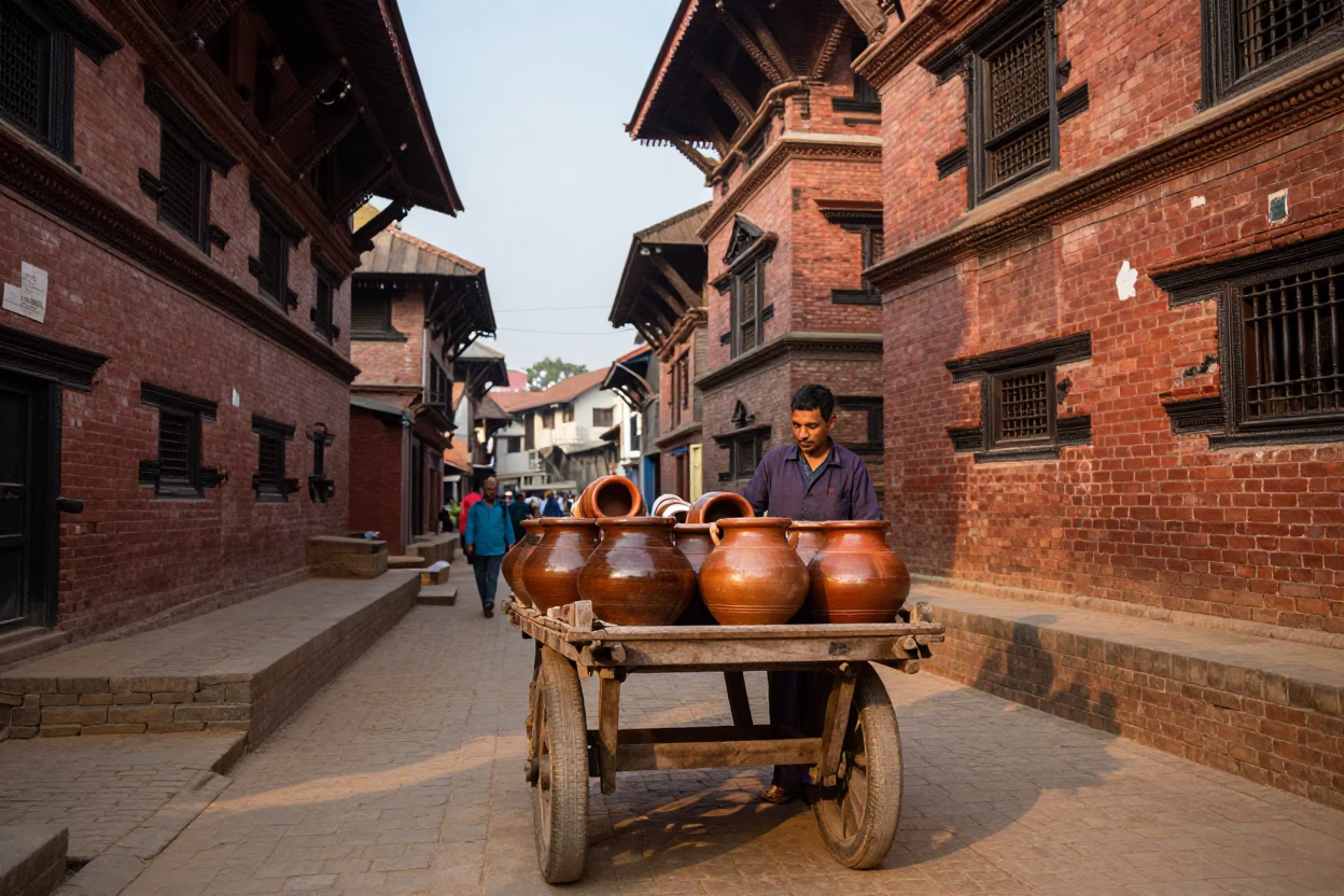 Kathmandu Nepal Street Scene Late Afternoon Light Traditional Clay Pot Seller in in Kathmandu, Nepal