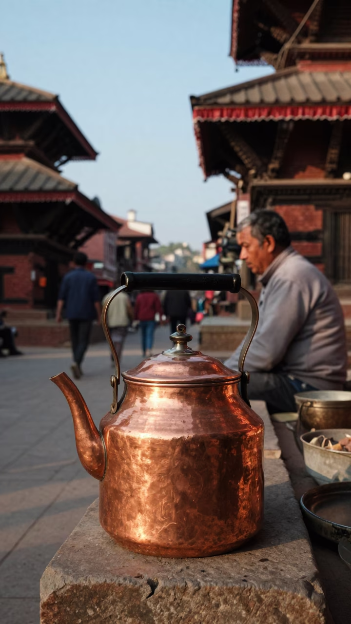 Kathmandu Nepal Street Scene Late Afternoon Light with Copper Kettle and Lemon Vendor in in Kathmandu, Nepal