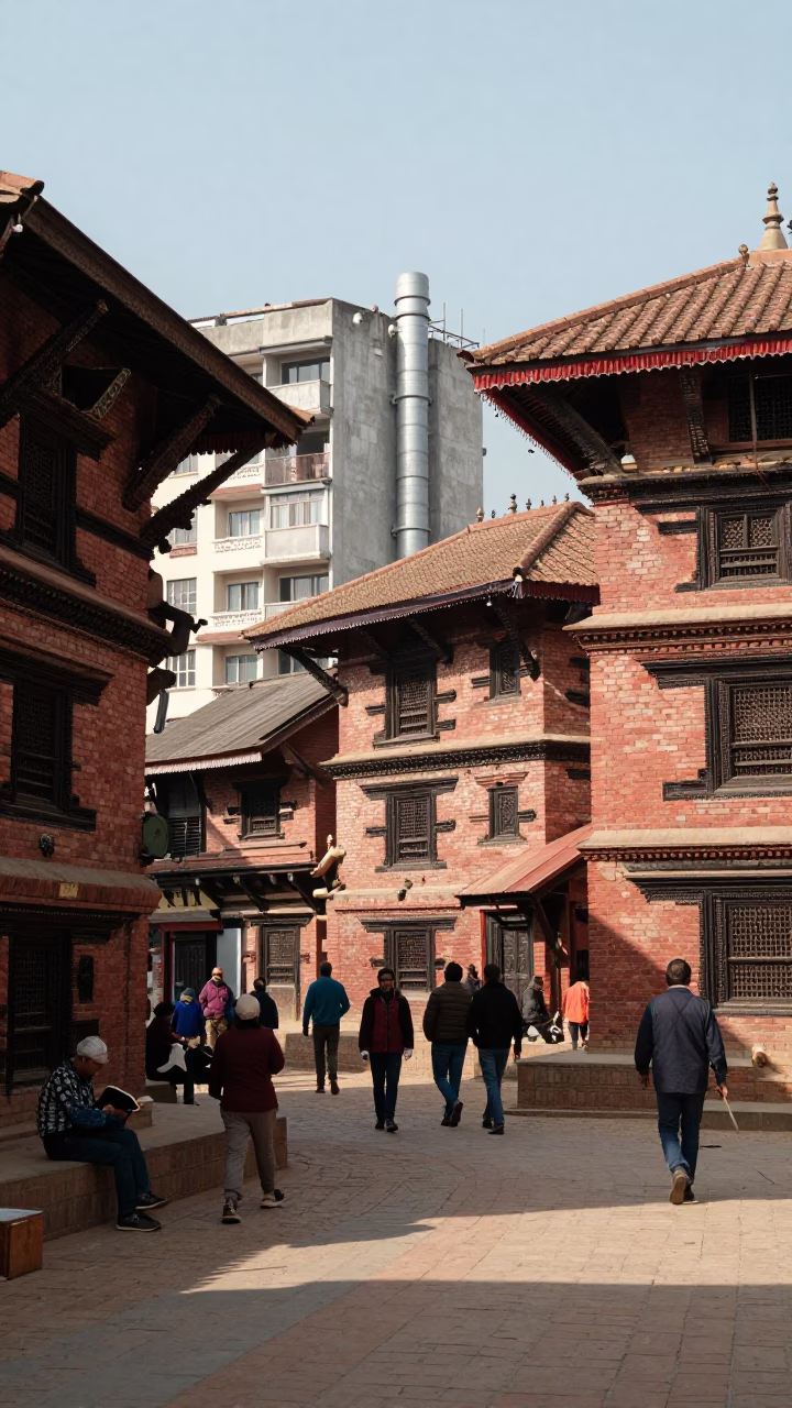 Kathmandu Nepal Street Scene Midmorning Light Brick Buildings and Local Market Activity in in Kathmandu, Nepal