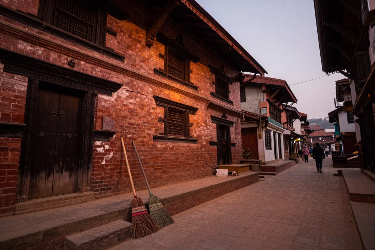 Kathmandu Nepal Street Scene with Brooms in Copper Dusk Light in in Kathmandu, Nepal