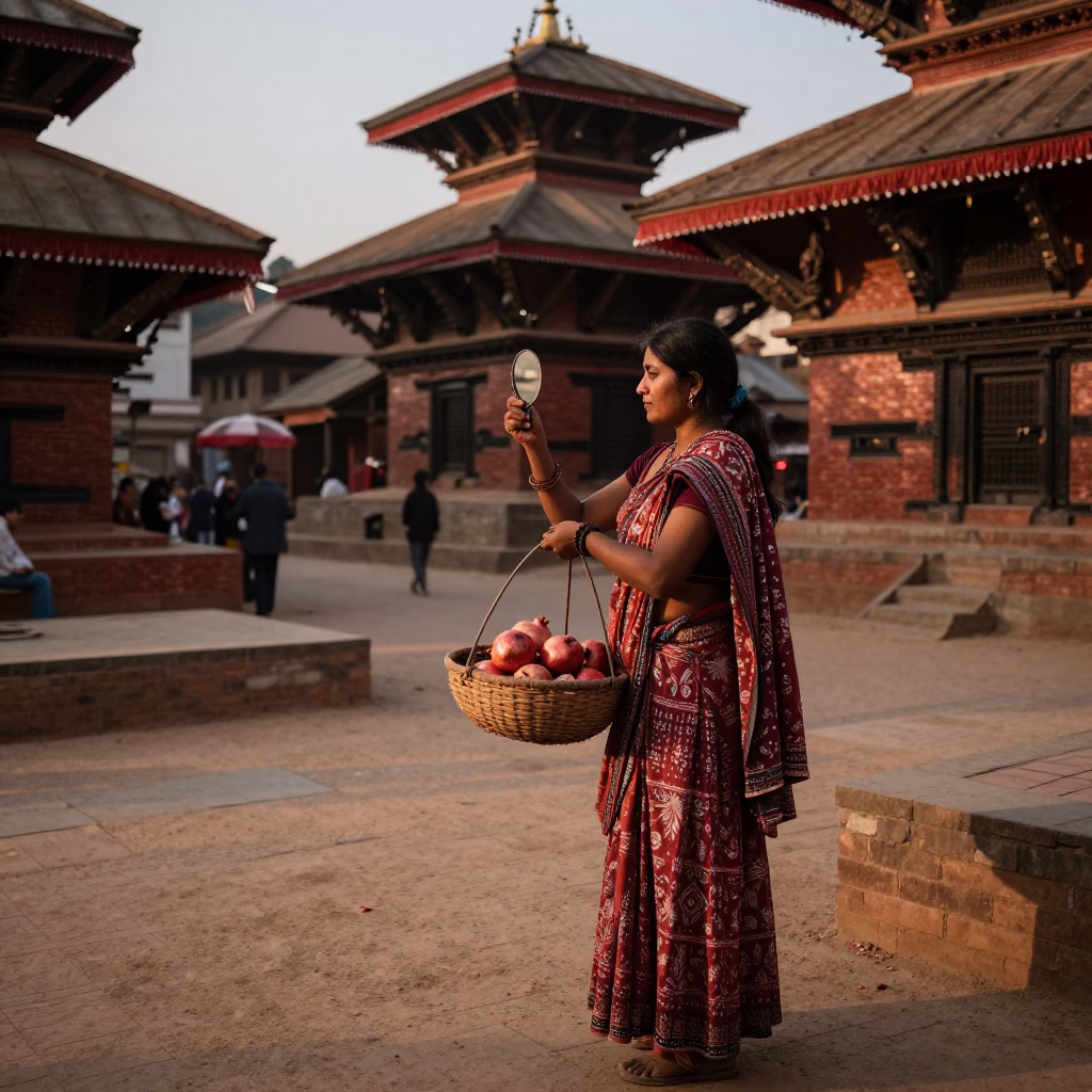 Kathmandu Nepal street scene with hand mirror and pomegranate in copper dusk light in in Kathmandu, Nepal