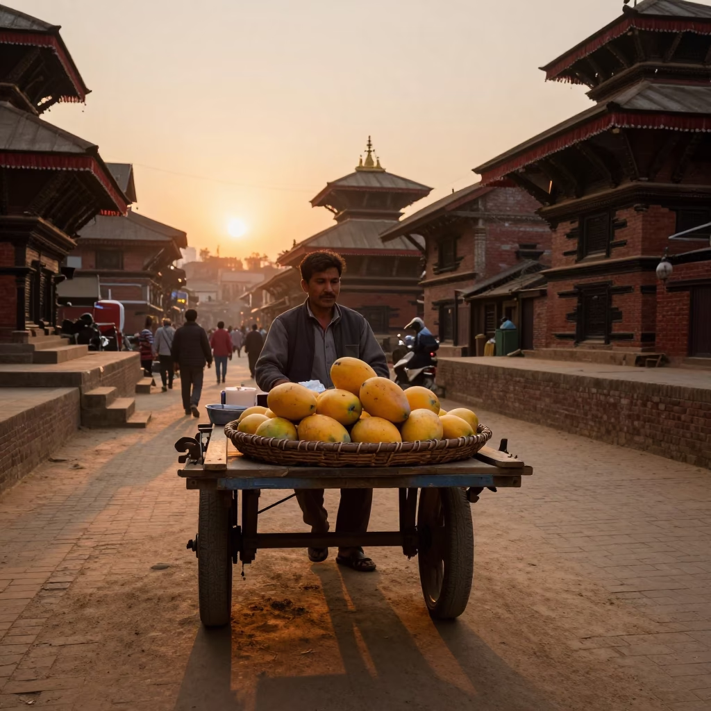 Kathmandu Nepal Street Scene with Mangoes and Lassi at Sunset in in Kathmandu, Nepal