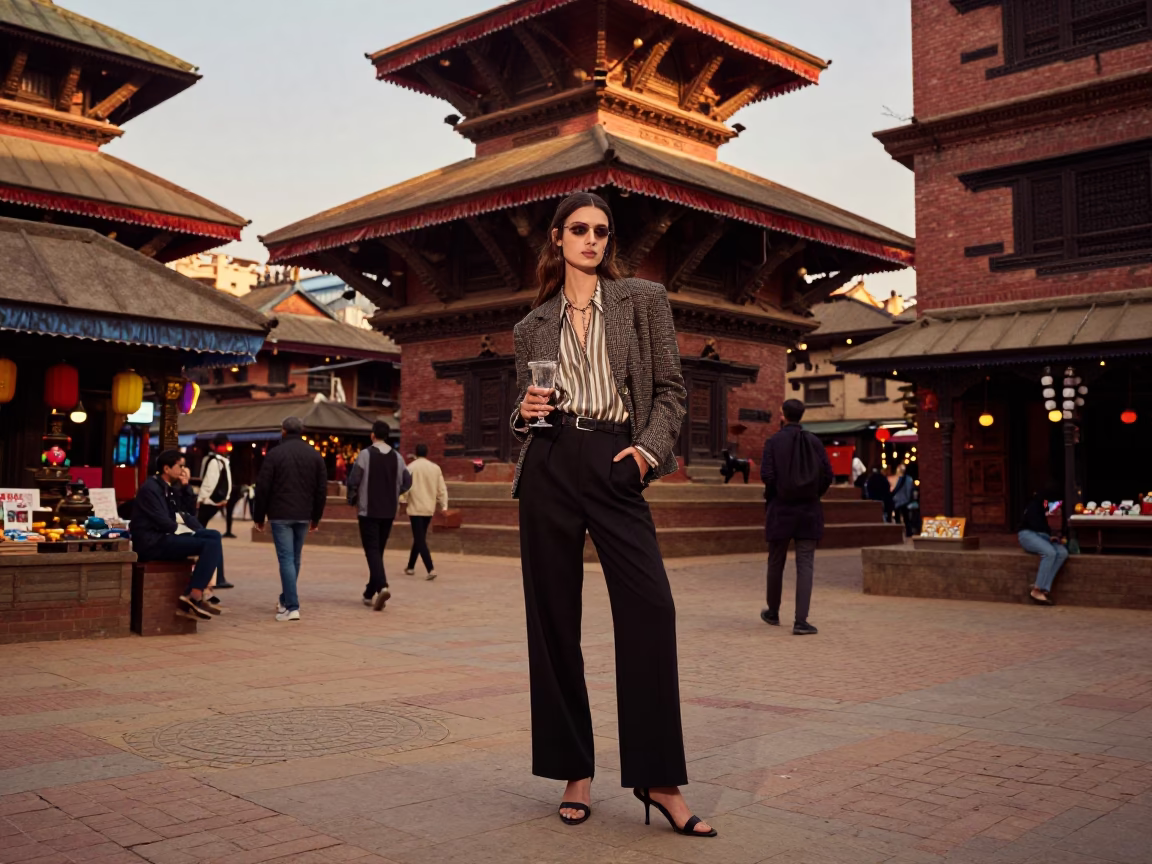 Kathmandu Nepal street scene with model and glass goblet in honeyed evening light in in Kathmandu, Nepal