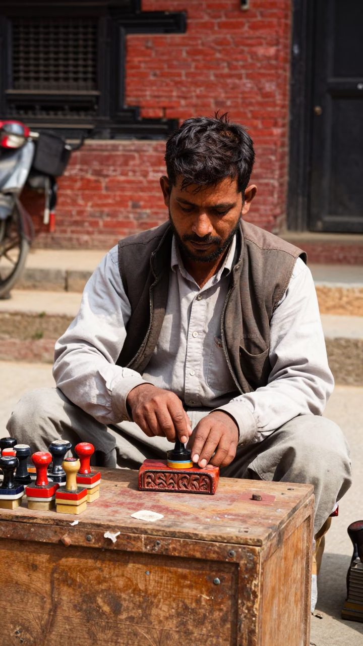 Kathmandu Nepal street scene with rubber stamp vendor and colorful goods under noon glare in in Kathmandu, Nepal