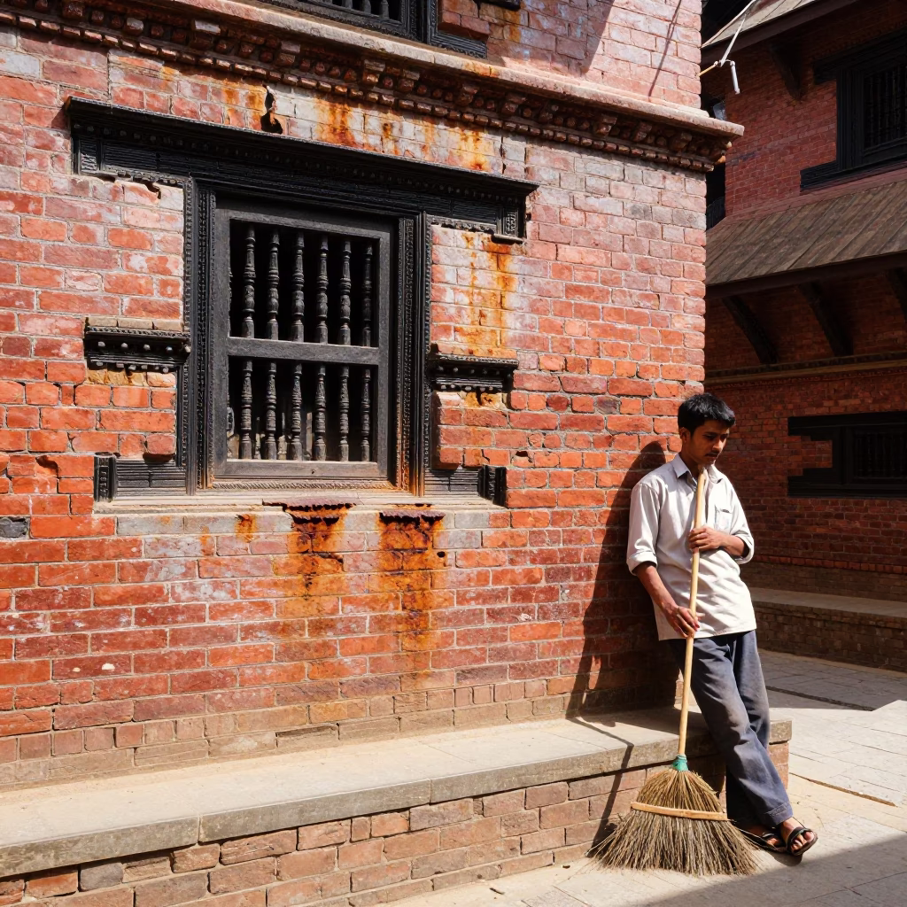 Kathmandu Nepal Street Scene with Rusty Sill and Hand Broom in Bright Midmorning Light in in Kathmandu, Nepal