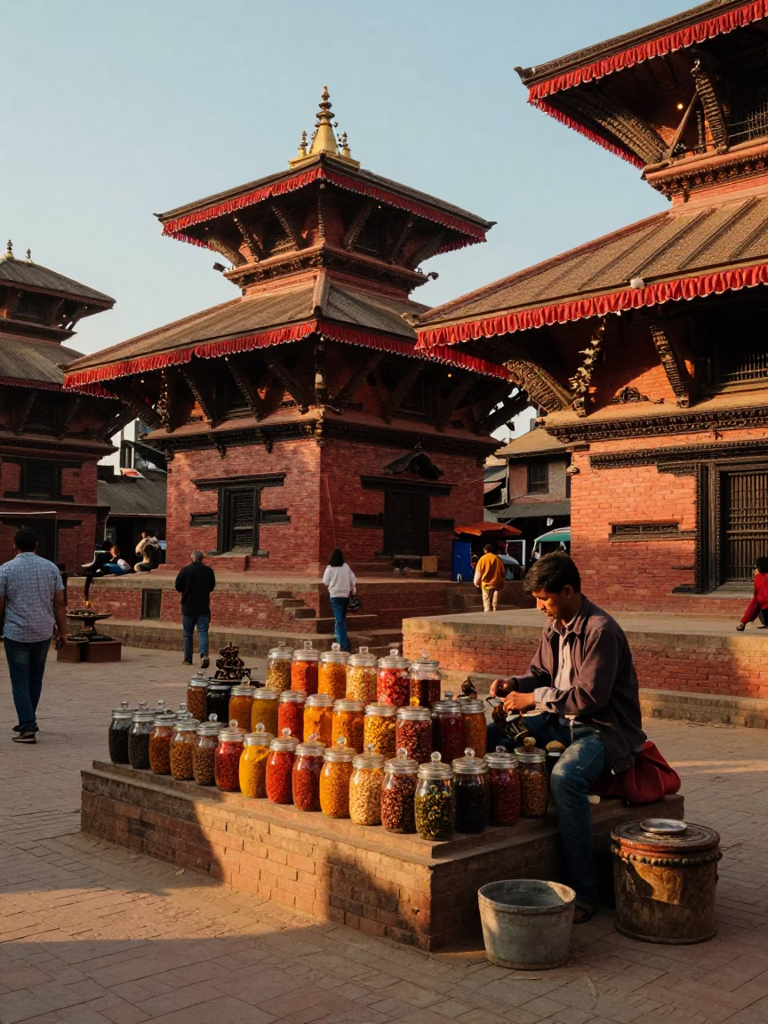 Kathmandu Nepal Street Scene with Spice Jars and Local Market Goods at Golden Hour in in Kathmandu, Nepal