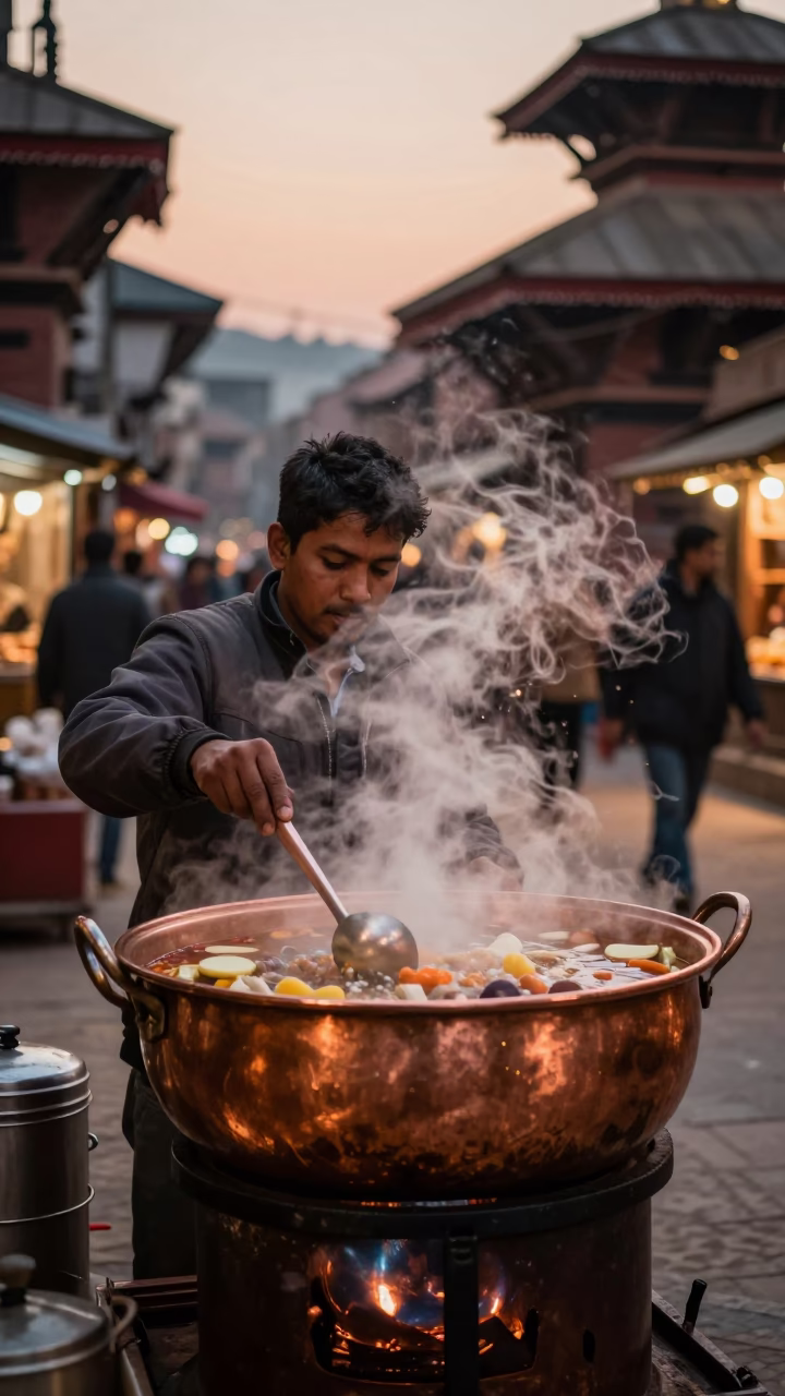 Kathmandu Nepal Street Scene with Steaming Hotpot Vendor Before Dusk Copper Light in in Kathmandu, Nepal