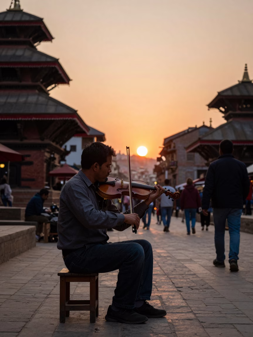 Kathmandu Nepal Street Scene with Violin Player at Sunset in in Kathmandu, Nepal