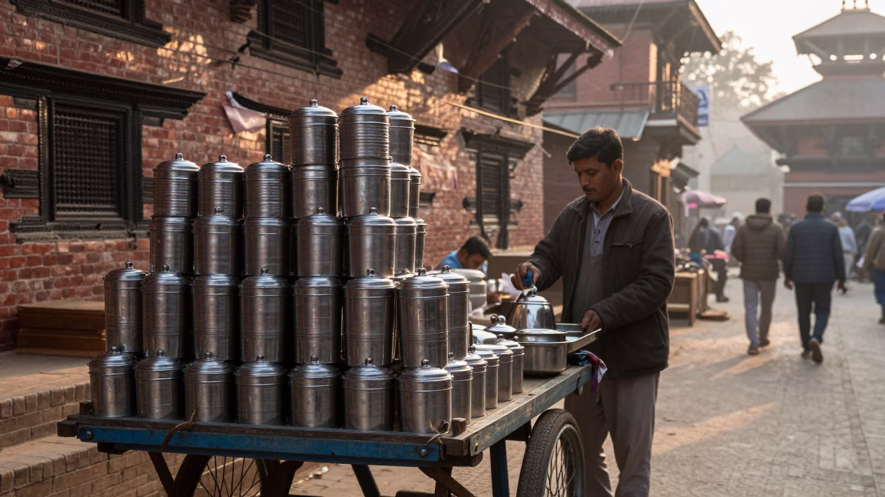 Kathmandu Nepal street vendor morning light tiffin tin and daily commerce in in Kathmandu, Nepal