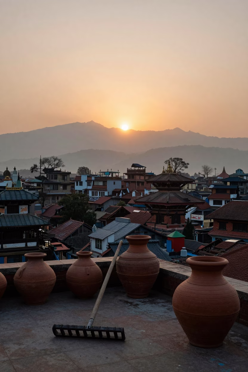 Kathmandu Nepal Sunset Horizon View with Traditional Clay Pots and Garden Tools in in Kathmandu, Nepal