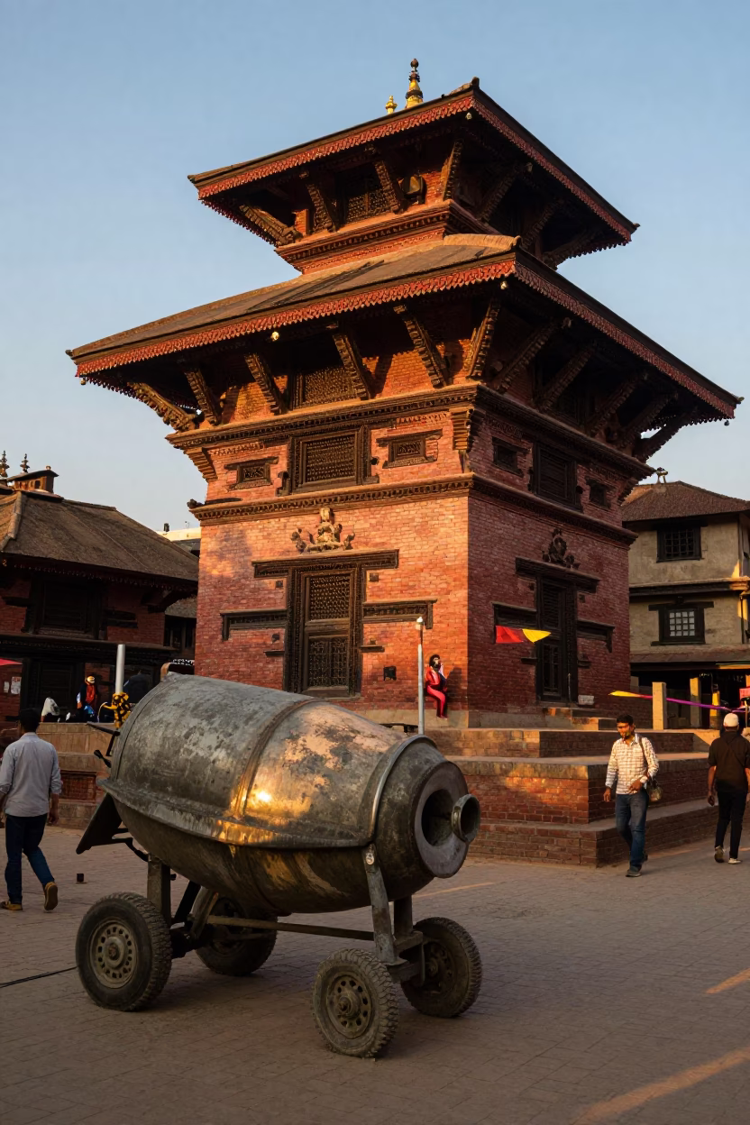 Kathmandu Nepal Sunset Street Scene with Cement Mixer and Traditional Architecture in in Kathmandu, Nepal