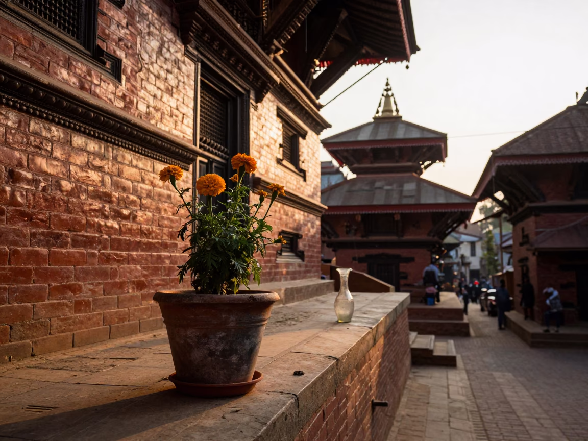 Kathmandu Nepal Sunset Street Scene with Flowerpot and Glass Vases in in Kathmandu, Nepal