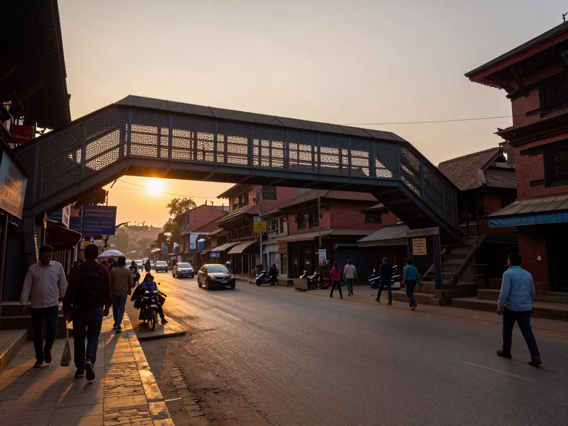Kathmandu Nepal Sunset Street Scene with Pedestrian Overpass and Local Market Activity in in Kathmandu, Nepal