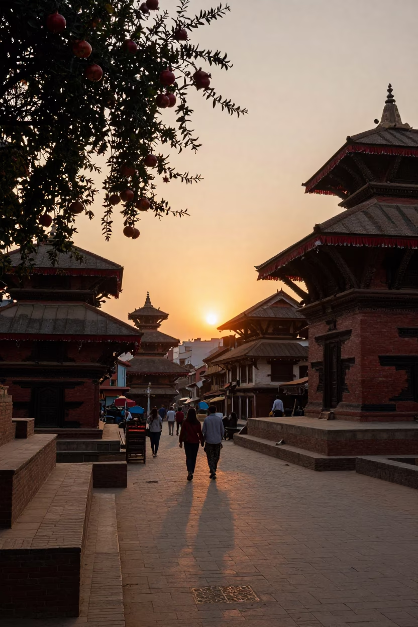 Kathmandu Nepal Sunset Street Scene with Pomegranates and Traditional Architecture in in Kathmandu, Nepal