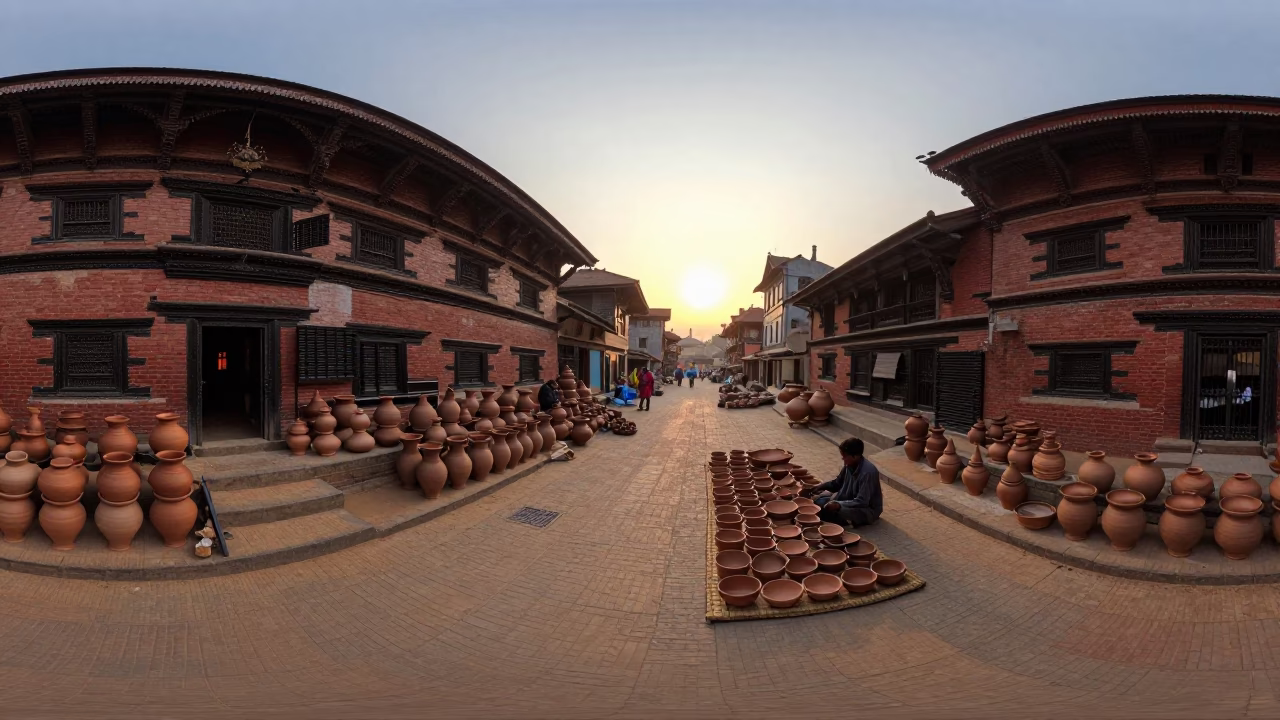 Kathmandu Nepal Sunset Street Scene with Pottery Market and Traditional Brick Architecture in in Kathmandu, Nepal