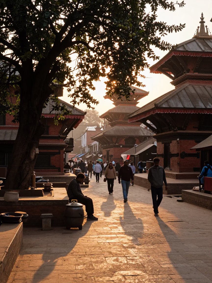 Kathmandu Nepal Sunset Street Scene with Traditional Cooking Pot and Fig Tree in in Kathmandu, Nepal