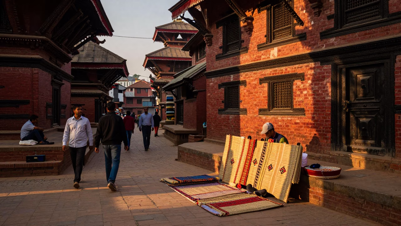 Kathmandu Nepal Sunset Street Scene with Woven Mats and Local Commerce in in Kathmandu, Nepal
