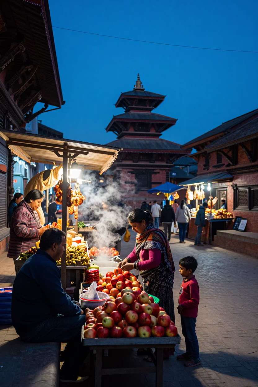Kathmandu Nepal Twilight Street Scene with Spicy Stalls and Local Life in in Kathmandu, Nepal