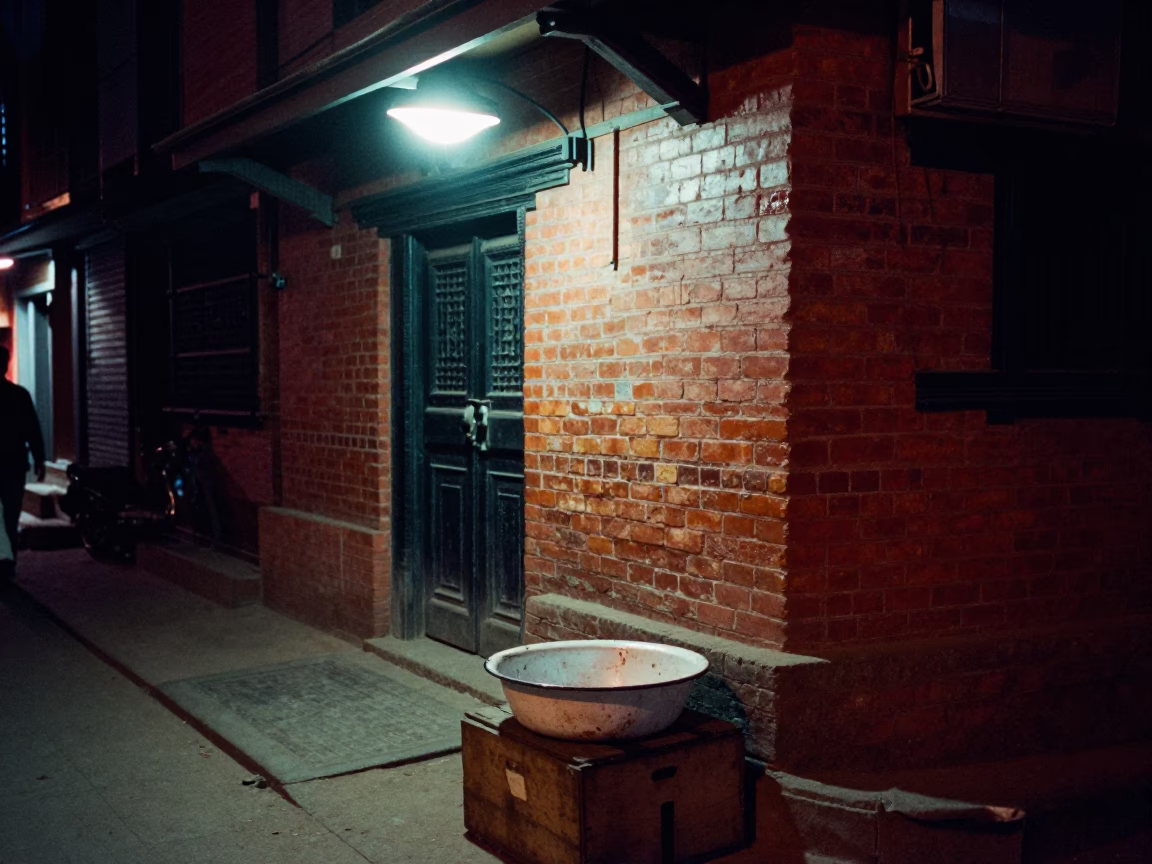 Kathmandu Night Street Scene With Dried Enamel Drips And Striped Fabric in in Kathmandu, Nepal