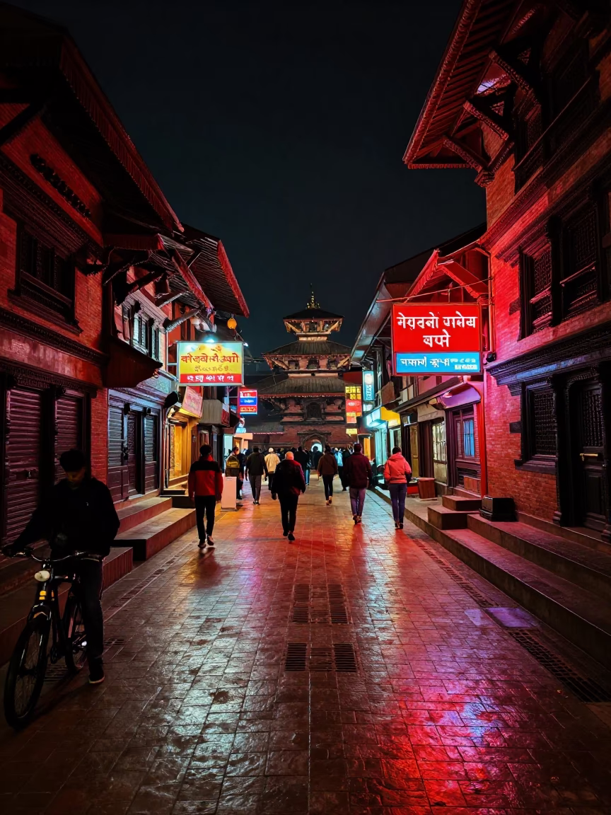 Kathmandu Night Street Scene with Neon Lights and Traditional Architecture in in Kathmandu, Nepal