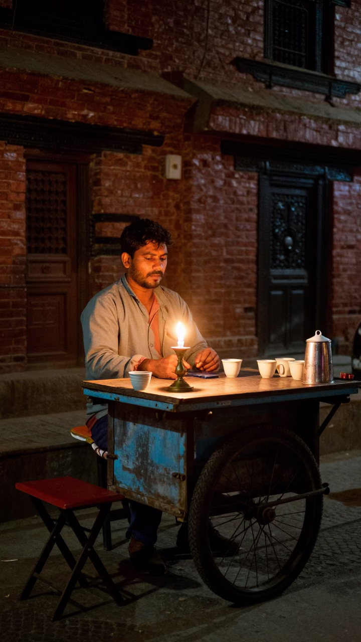 Kathmandu Night Street Tea Seller With Folding Stools And Candlelight in in Kathmandu, Nepal