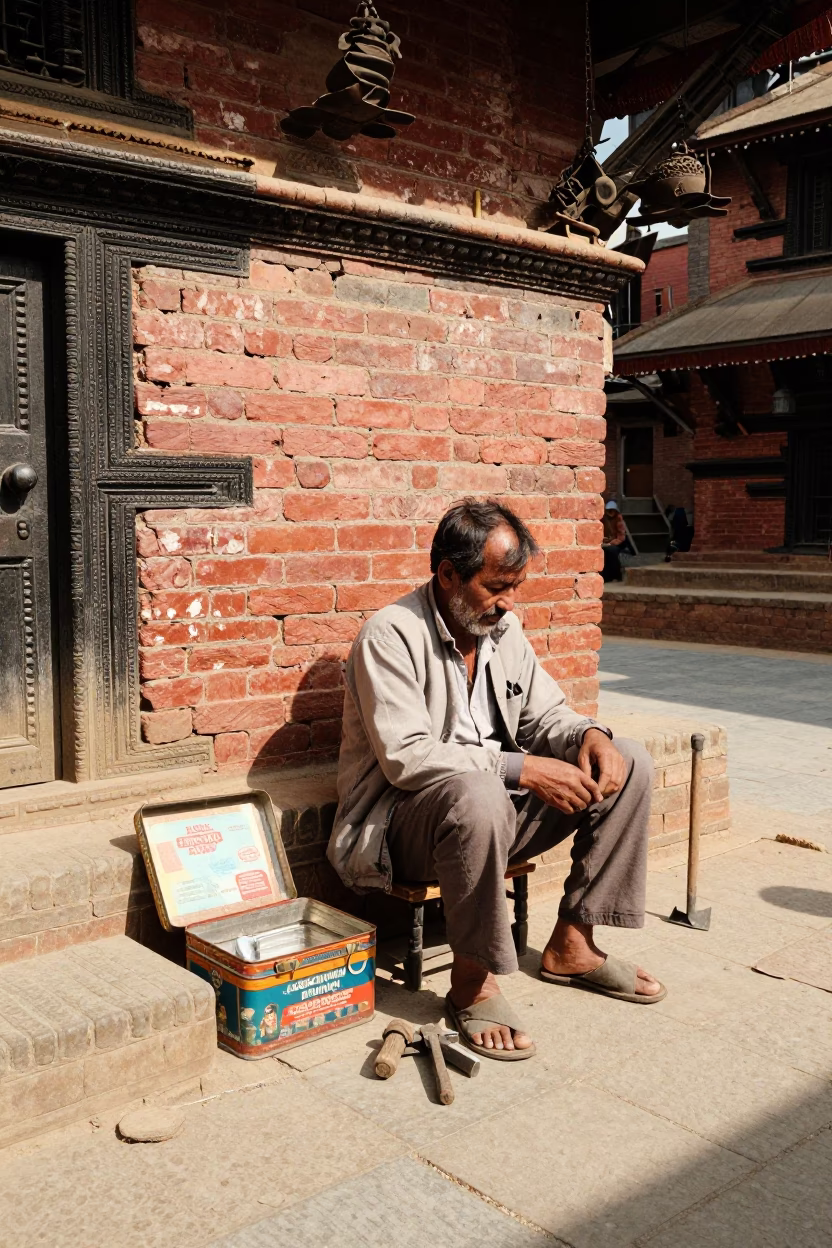 Kathmandu Noon Street Scene with Tin Box and Awl in Nepal in in Kathmandu, Nepal