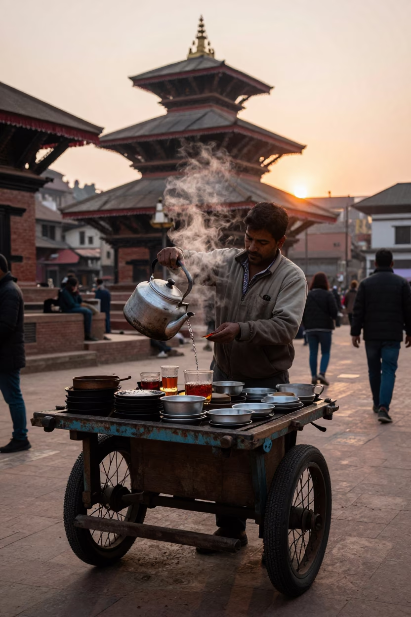 Kathmandu Preparing Tea at Nautical Dawn Light in in Kathmandu, Nepal