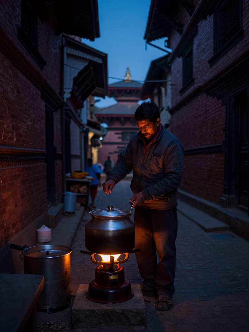 Kathmandu Preparing Tea at The Predawn Darkness Light in in Kathmandu, Nepal