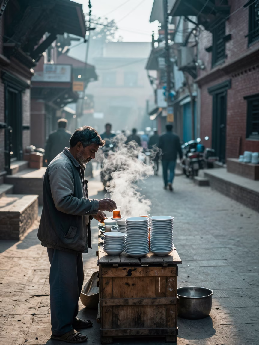 Kathmandu Serving Tea at Early Morning Light in in Kathmandu, Nepal